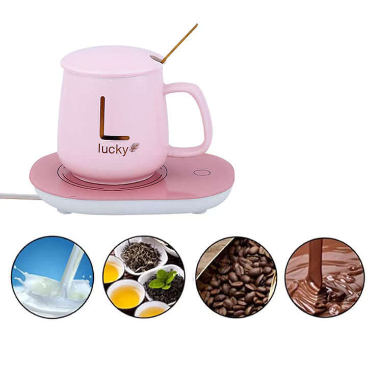 Ceramic Mug Set with Heating – Golden Lucky Writing, 350 ml, Pink - MAYONAL STORE