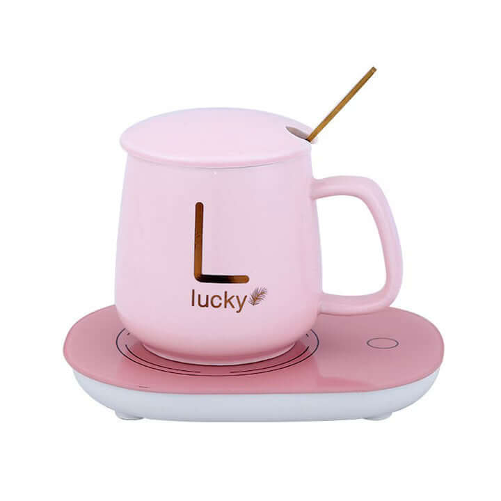 Ceramic Mug Set with Heating – Golden Lucky Writing, 350 ml, Pink - MAYONAL STORE