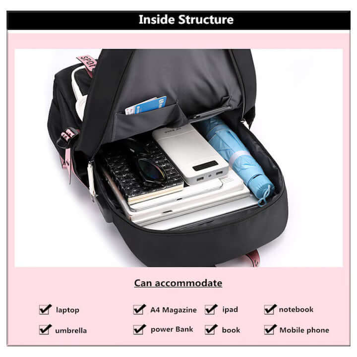 NEVERMORE Smart Children's Backpack – School, with USB Port, 46x29x16 cm, Black/Pink - MAYONAL STORE