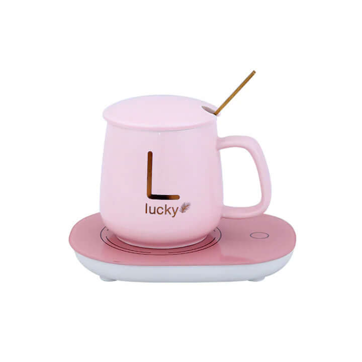 Ceramic Mug Set with Heating – Golden Lucky Writing, 350 ml, Pink - MAYONAL STORE