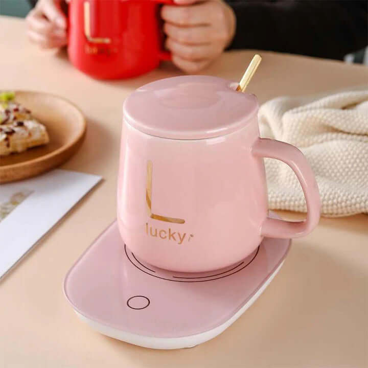 Ceramic Mug Set with Heating – Golden Lucky Writing, 350 ml, Pink - MAYONAL STORE