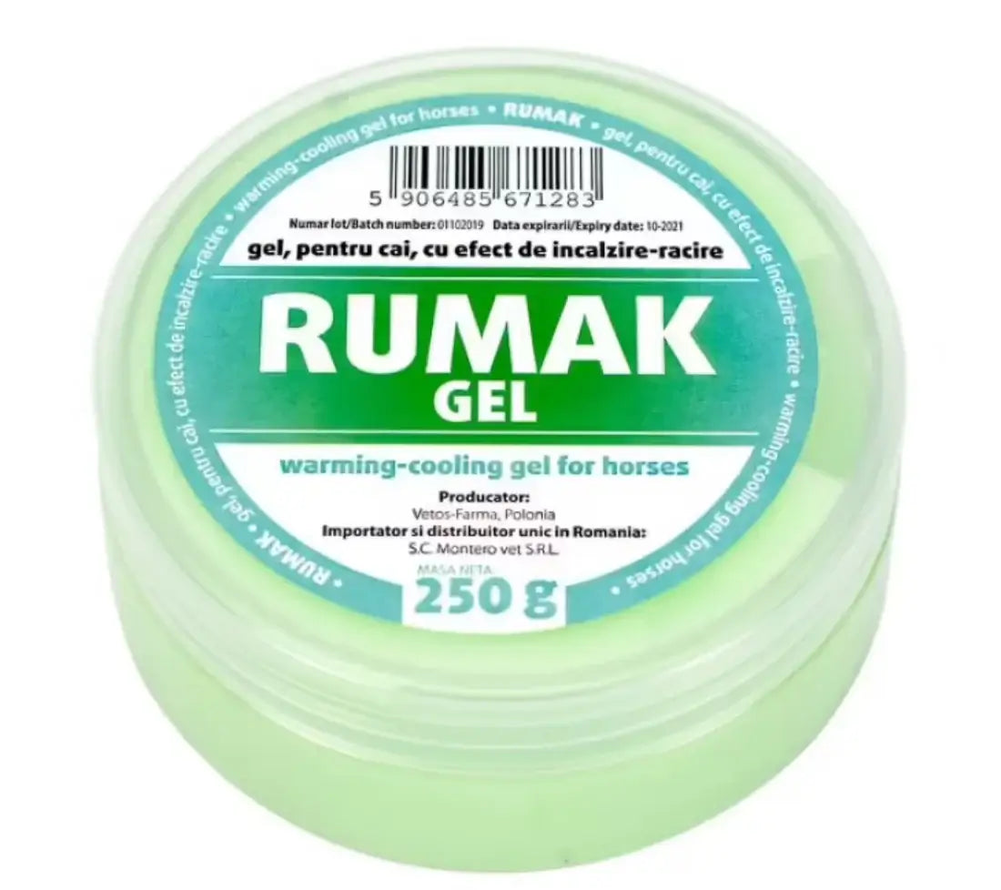 Rumak Gel 250g for horses with warming-cooling effect, ideal for muscle and joint recovery.