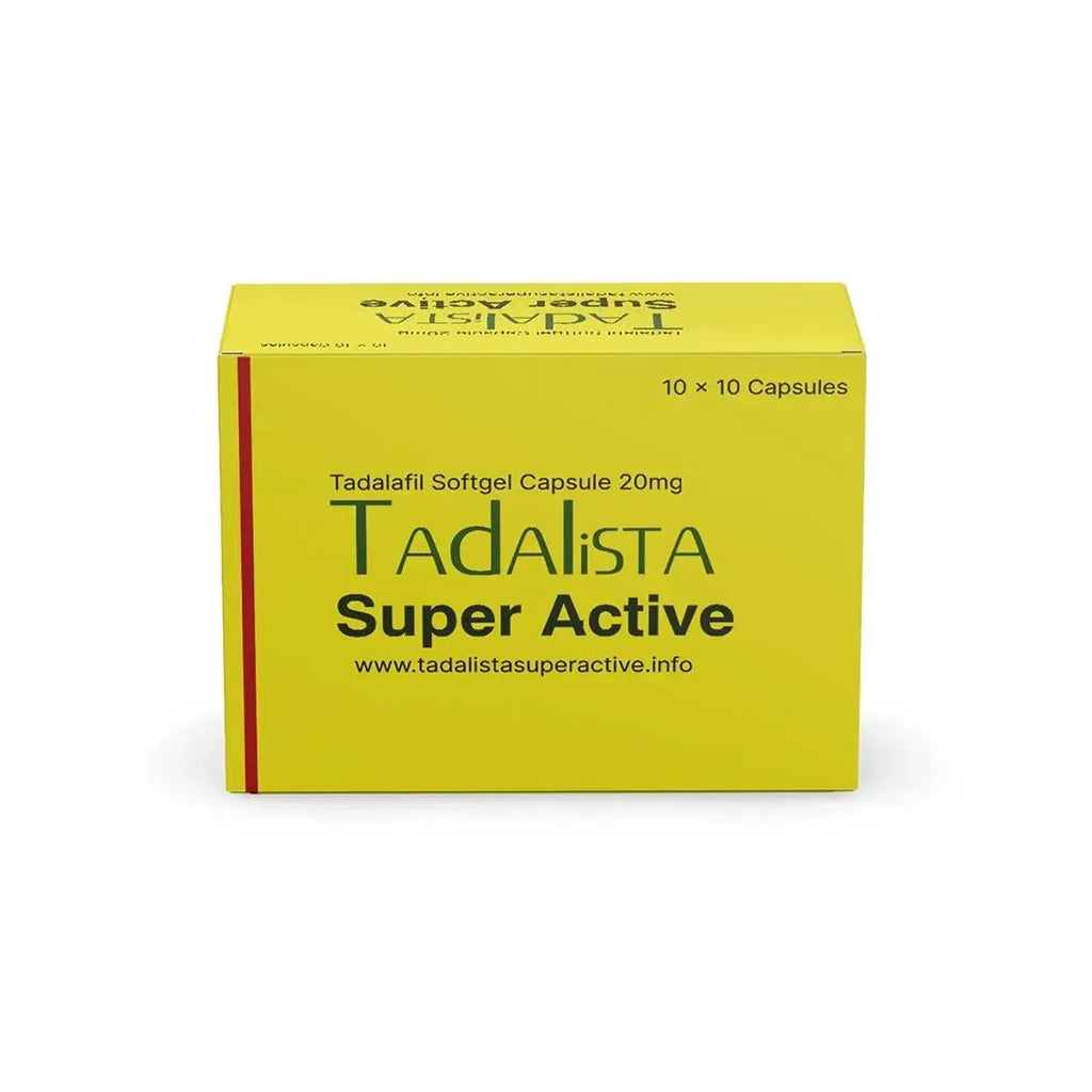 Tadalista Super Active 20mg box of softgel capsules for fast-acting erection support.