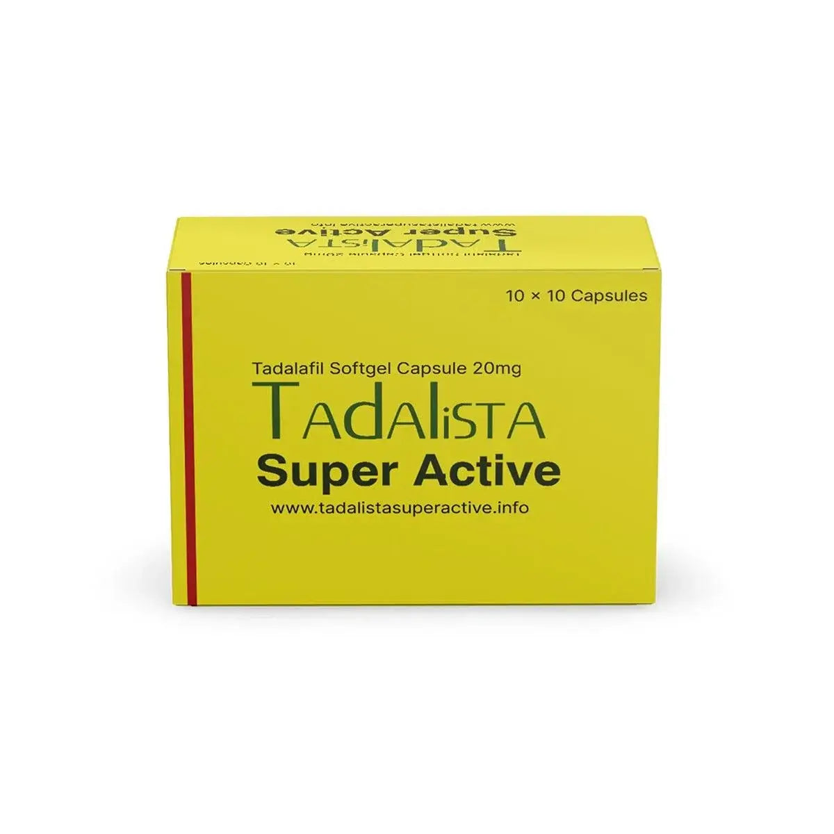 Tadalista Super Active 20mg box of softgel capsules for fast-acting erection support.