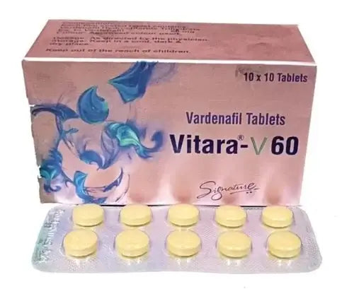Vitara V60 - Triple strength erection support tablets with Vardenafil, packaged in a box with blister pack.